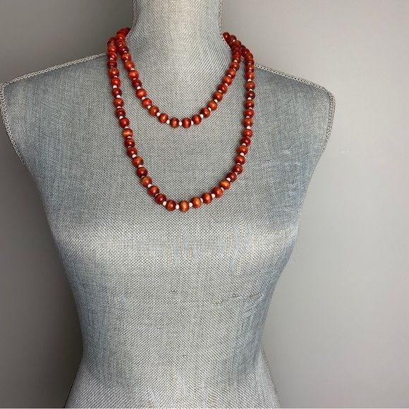 Vintage wood bead long strand necklace orange brown tone. - Picture 4 of 7